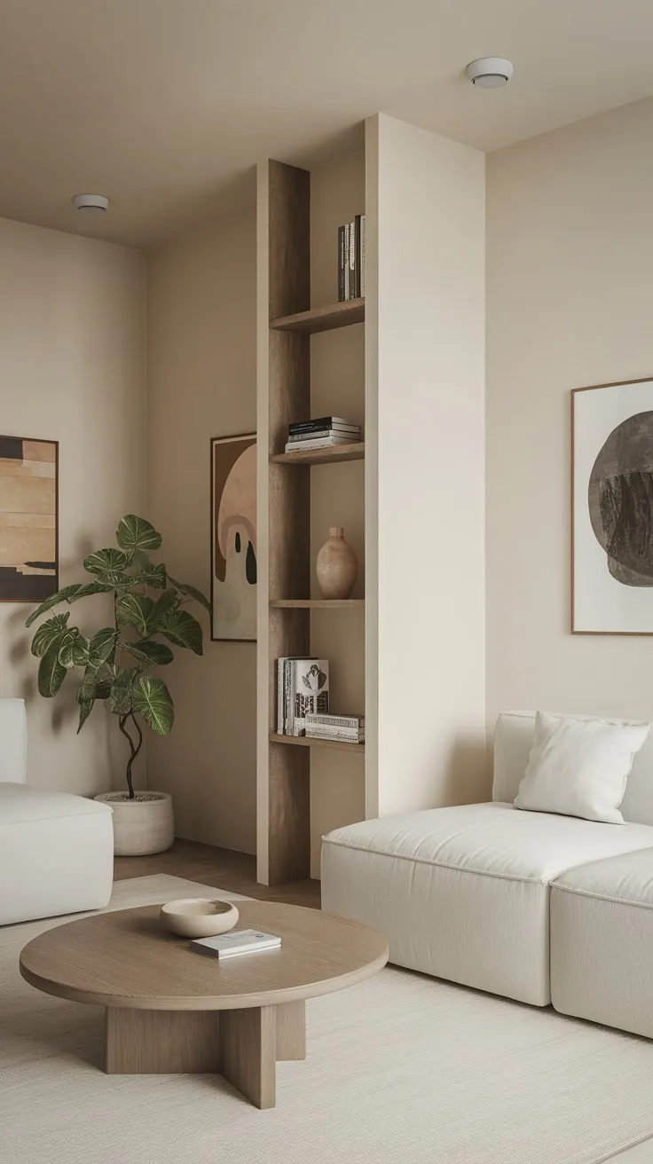A beige-walled minimalist living room maximizes small space with a white sofa, wooden accents, and strategic shelving, creating a calm and efficient atmosphere