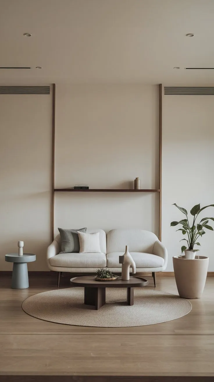 Clean lines and a neutral palette define this modern minimalist living room, showcasing understated elegance through carefully chosen wood and plant accents.