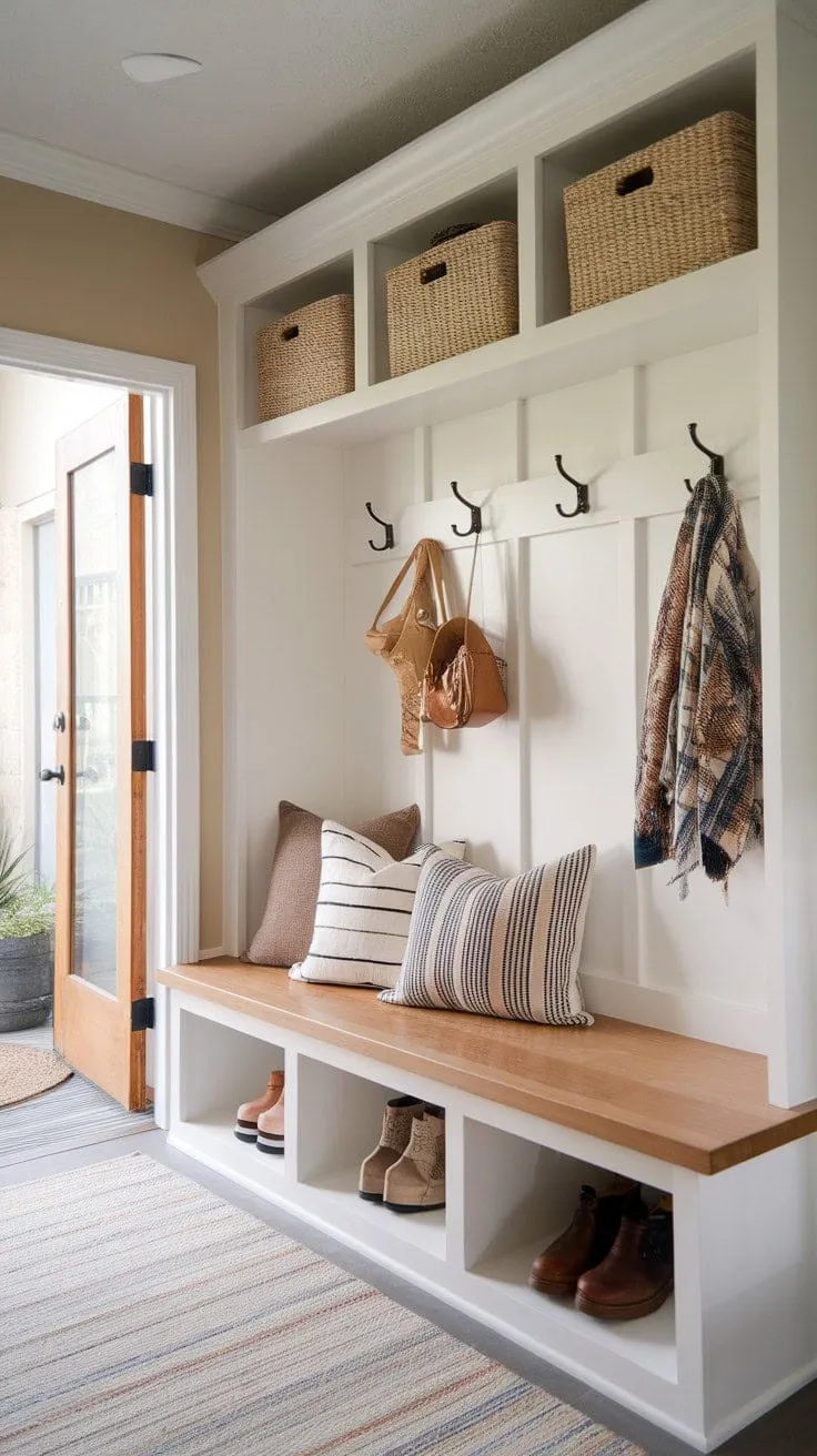 This beautifully designed mudroom blends modern boho charm with practicality, featuring a built-in bench, stylish hooks, and ample storage for a warm and inviting entryway.