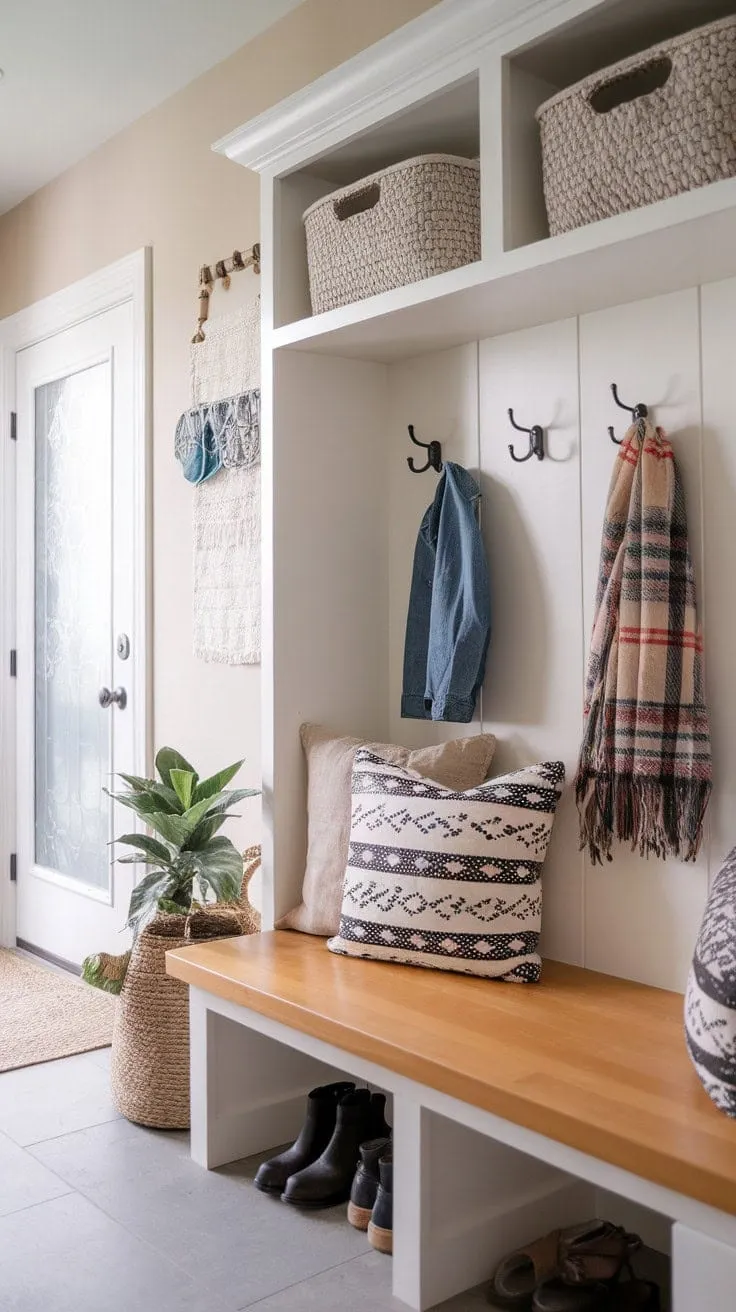 This compact mudroom blends functional design with boho charm, featuring a stylish built-in bench, hooks, and shoe cubbies for an organized and serene entryway.