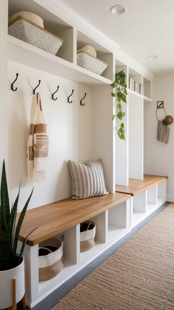 This stylish mudroom masterfully combines a handcrafted wooden bench with hidden storage and smart organization, turning a simple entryway into a stunning focal point.
