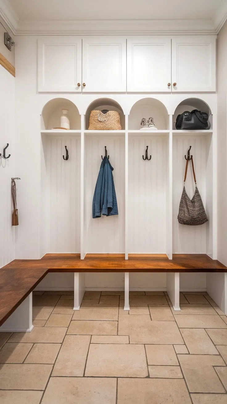 This mudroom seamlessly blends warm wood tones and stylish storage, transforming functionality into fabulous elegance.
