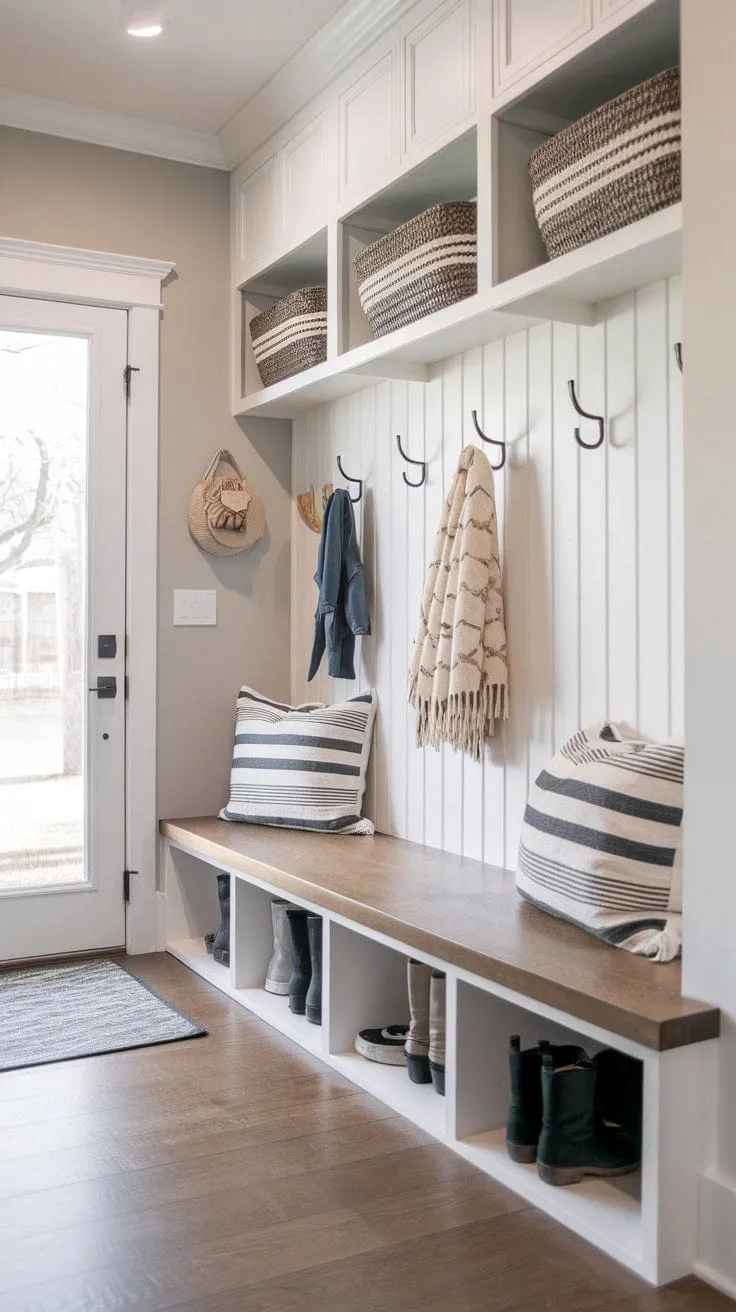This dreamy mudroom masterfully combines organized chaos with modern style, featuring a chic built-in bench, ample hooks, and stylish cubbies for a functional yet visually appealing space.