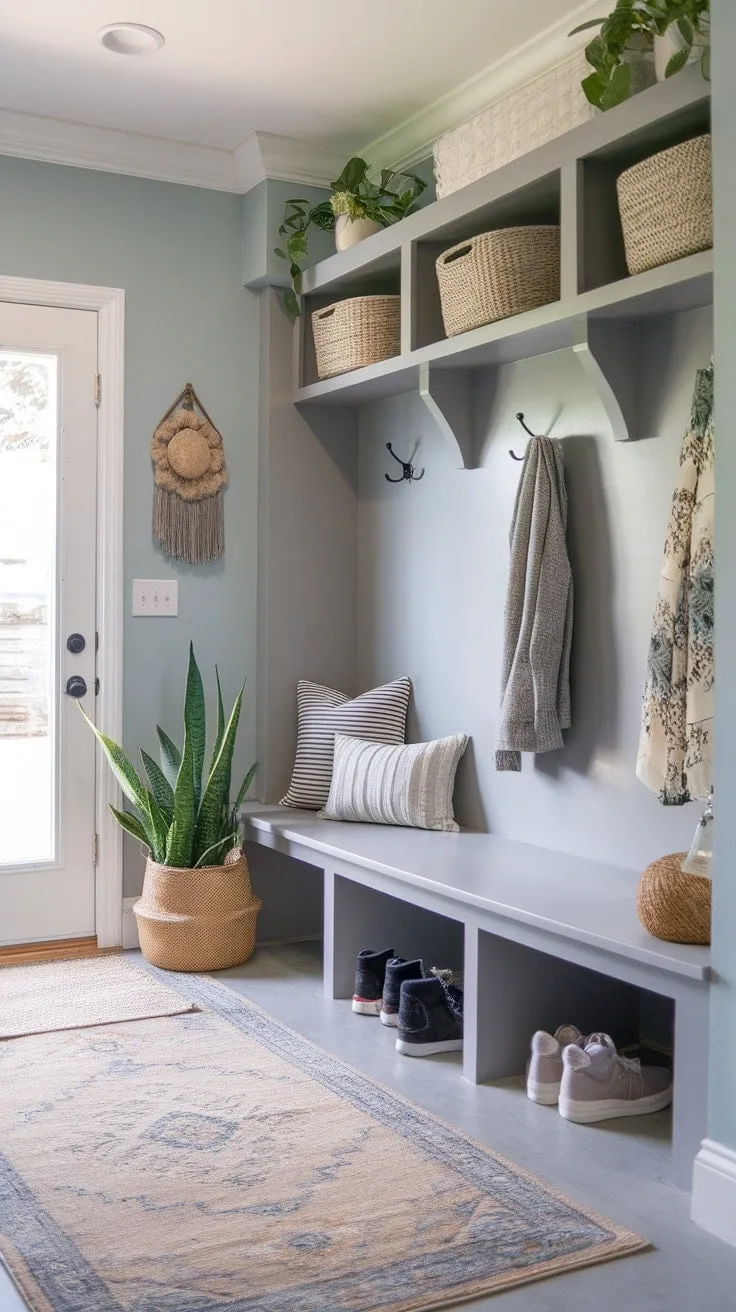 This thoughtfully designed mudroom blends calming light blue walls and lush plants with smart storage solutions, transforming it into a stylish sanctuary that enhances the joy of coming home.