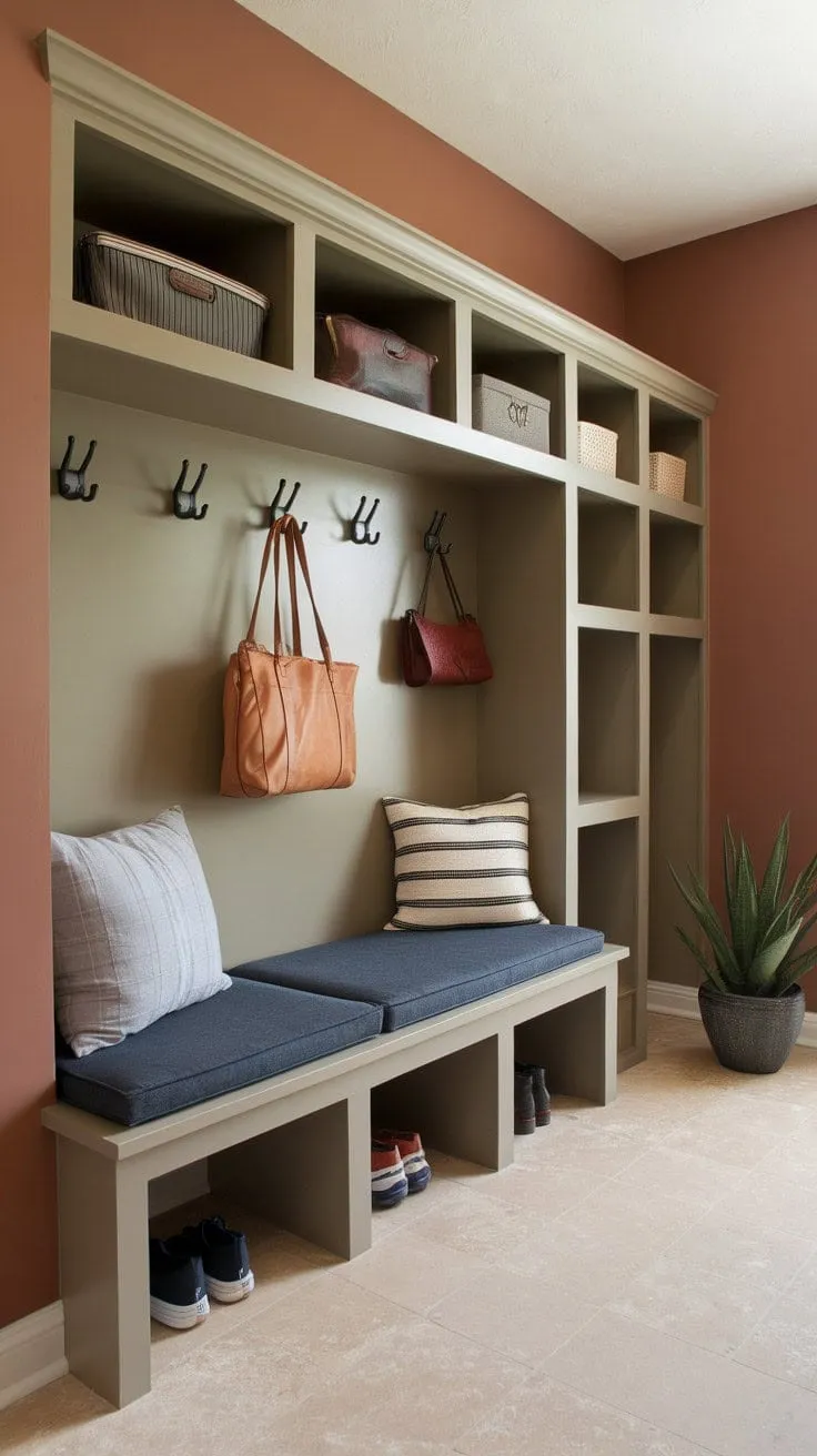 This stylish burnt orange mudroom masterfully combines comfort and organization, featuring a cushioned bench and clever storage, all enlivened by a touch of greenery.
