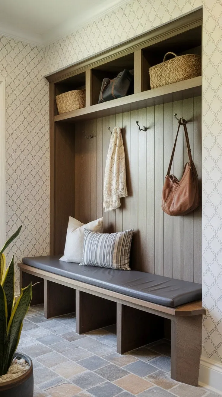 This chic mudroom combines a cozy built-in bench and vibrant decor to create a welcoming and stylish entryway that balances practicality with personality.