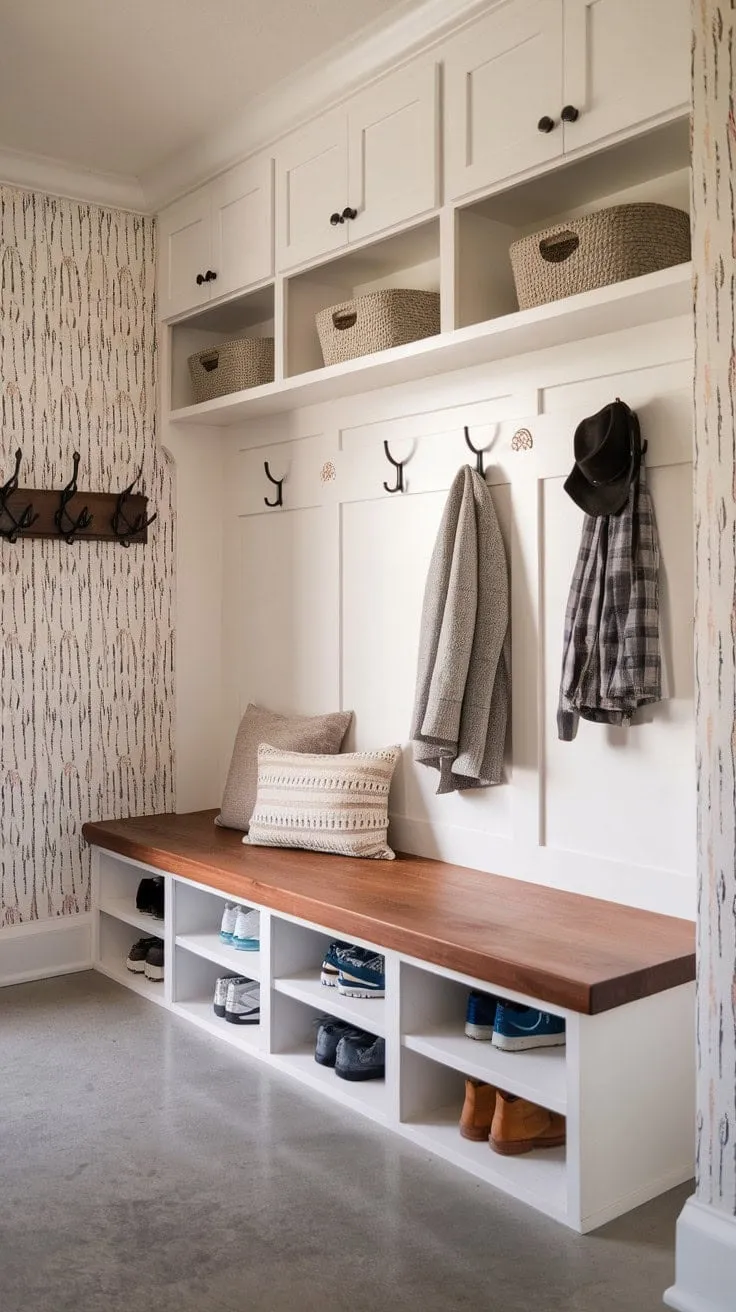 This mudroom masterfully blends practicality and style, featuring textured walls and smart storage solutions that make it both inviting and efficient.