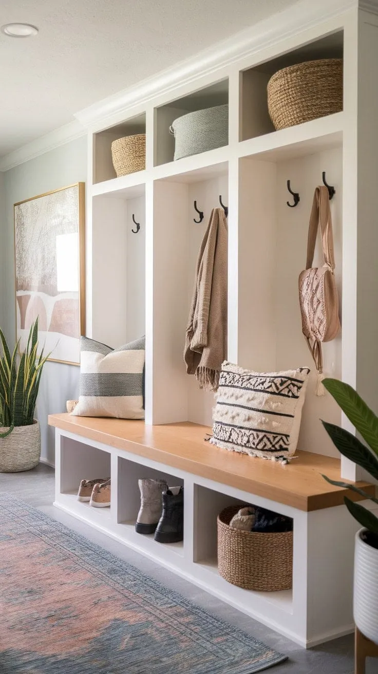This mudroom harmoniously fuses modern design with boho charm, featuring a custom bench and organized cubbies that create a warm and inviting entryway.