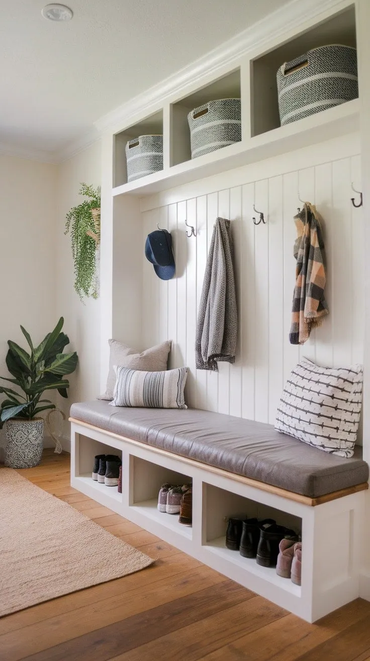 This mudroom masterfully combines organized chaos and modern comfort, featuring a stylish built-in bench and boho accents that create a warm, functional haven for all your essentials.
