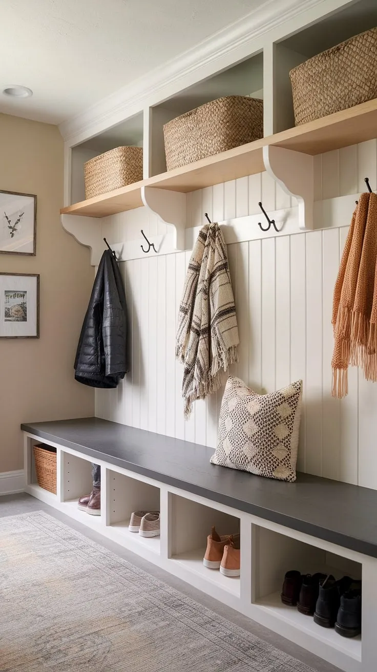 A perfectly planned mudroom: A functional and aesthetically pleasing space where coats hang neatly, shoes are tucked away, and the built-in bench offers a convenient spot to sit and remove boots. The neutral color palette and natural textures create a calming and inviting atmosphere.