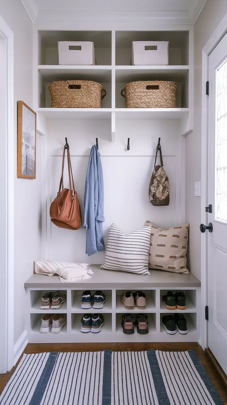 Step into organized bliss. This modern boho mudroom nook, complete with a built-in bench, ample storage, and stylish hooks, makes coming and going a breeze. A perfect blend of function and A aesthetically pleasing design.