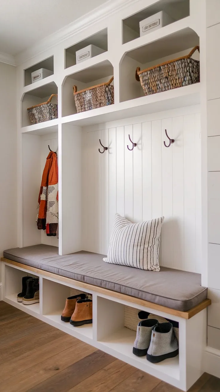 This thoughtfully designed mudroom seamlessly blends modern and boho aesthetics. A comfortable bench with concealed storage, practical wall hooks, and convenient cubbies create a welcoming and organized entryway. A space where functionality meets style.