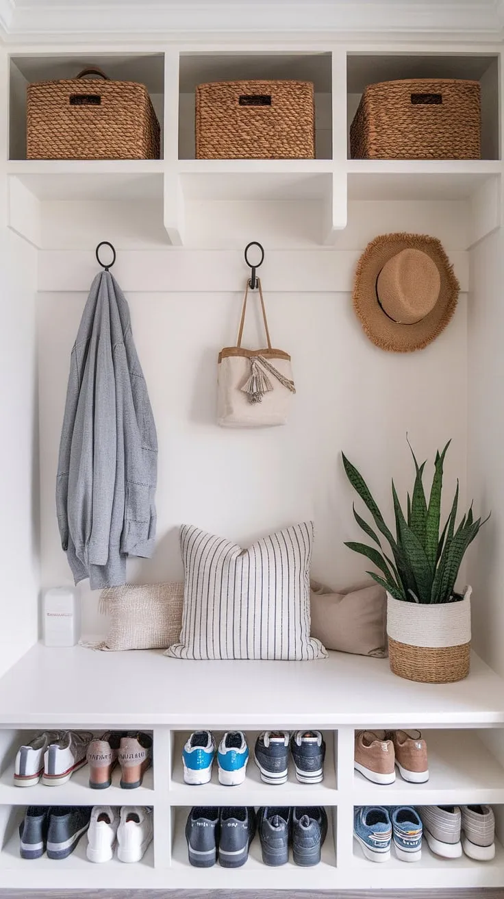 This mudroom perfectly blends practicality and aesthetic appeal. The custom-built bench with storage, along with the convenient hooks and cubbies, provides a designated spot for everything. A small plant and decorative accents add a touch of modern boho charm to this organized entryway.