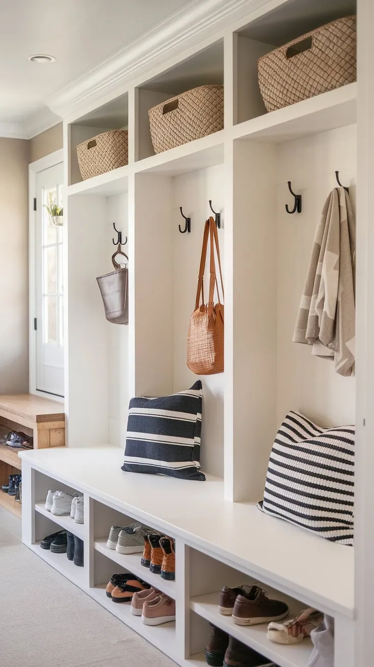 A thoughtfully designed mudroom that seamlessly blends modern aesthetics with a relaxed boho vibe. The built-in bench with storage, along with the convenient entryway hooks and shoe storage, ensures everything has its place. A true testament to practical elegance.