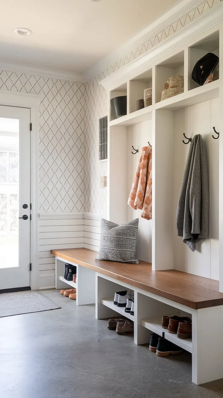 Step into organized bliss. This mudroom's built-in bench with storage, coat hooks, and shoe cubbies makes coming and going a breeze. The boho-inspired wall pattern adds a touch of personality, while the concrete floor provides durable, stylish grounding. A perfect blend of function and A.
