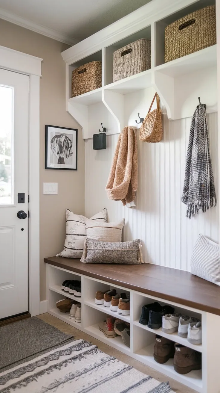 A small space, a big impact. This mudroom proves that even a tiny nook can be transformed into a stylish and highly functional entryway. A testament to smart design, it seamlessly integrates storage solutions, a welcoming bench, and a touch of boho flair.