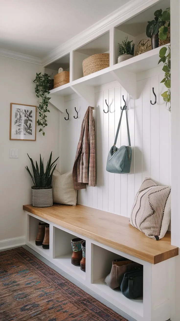 Step into organized bliss. This mudroom's built-in bench with ample storage, stylish hooks, and charming boho accents makes coming and going a breeze. A perfect blend of functionality and style, it's the heart of a welcoming home. A space where practicality meets personality.