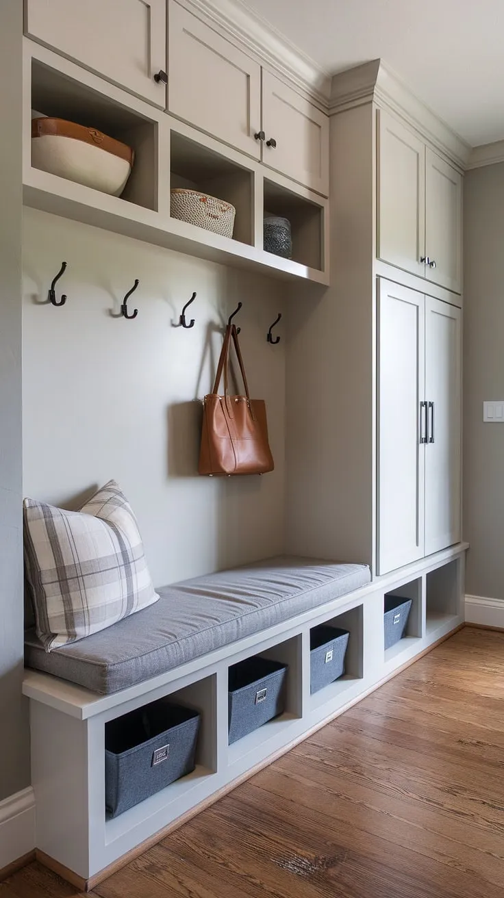 This thoughtfully designed mudroom boasts a custom built-in bench with hidden storage, stylish coat hooks, and convenient cubbies-a dream come true for keeping your entryway clutter-free. A must-have for any home seeking streamlined organization and a touch of modern elegance.