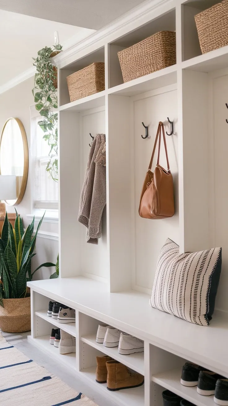 This thoughtfully designed mudroom seamlessly combines modern and bohemian aesthetics. The custom built-ins, including a bench with storage and dedicated shoe cubbies, provide ample organization. A calming plant and soft lighting complete the inviting atmosphere, making this entryway a true reflection of personal style.