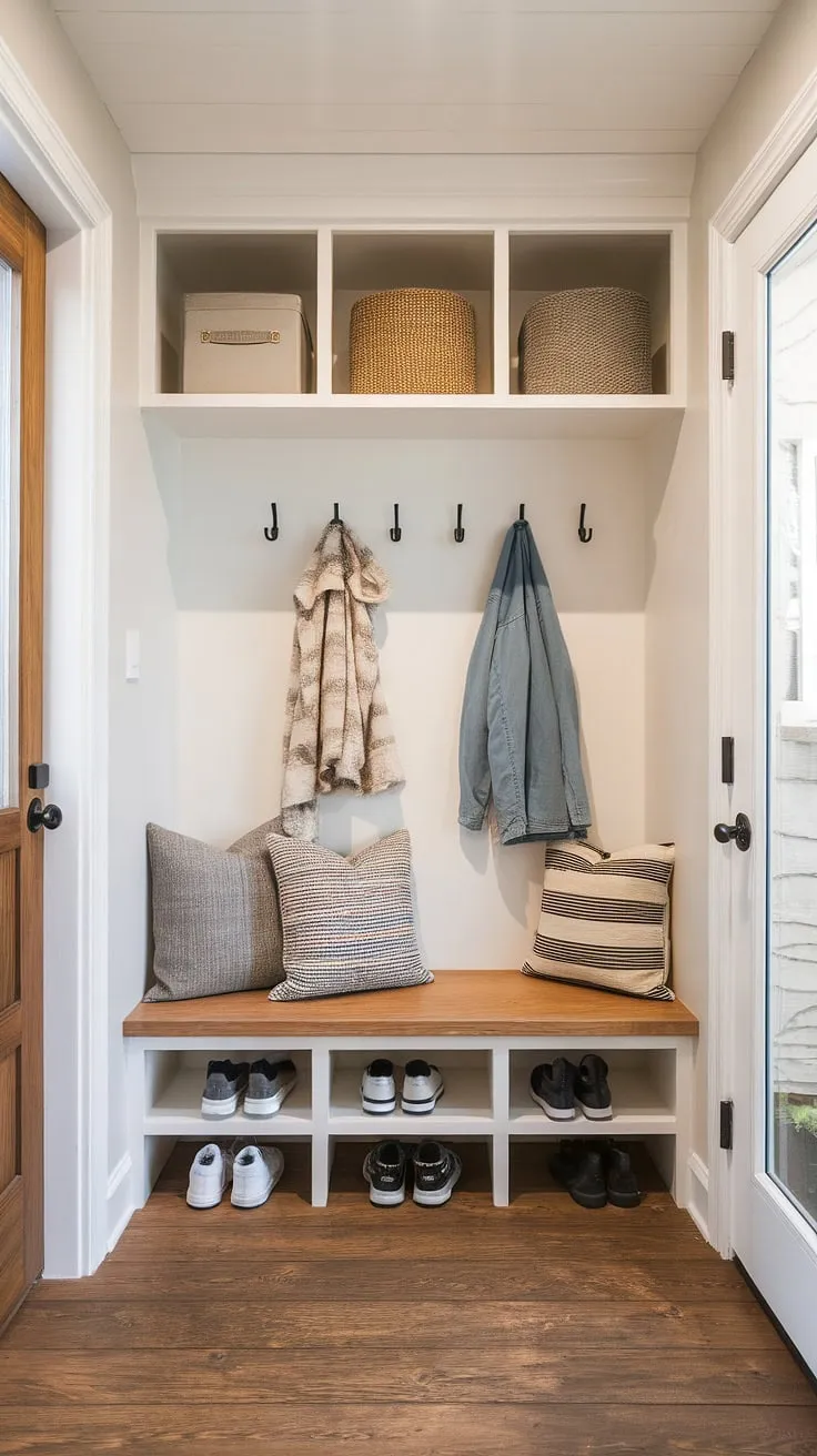 A perfectly planned mudroom: A blend of modern and boho style, this space boasts built-in storage, a comfortable bench, and convenient coat hooks, ensuring a clutter-free entryway. The warm wood floors add a touch of rustic charm.