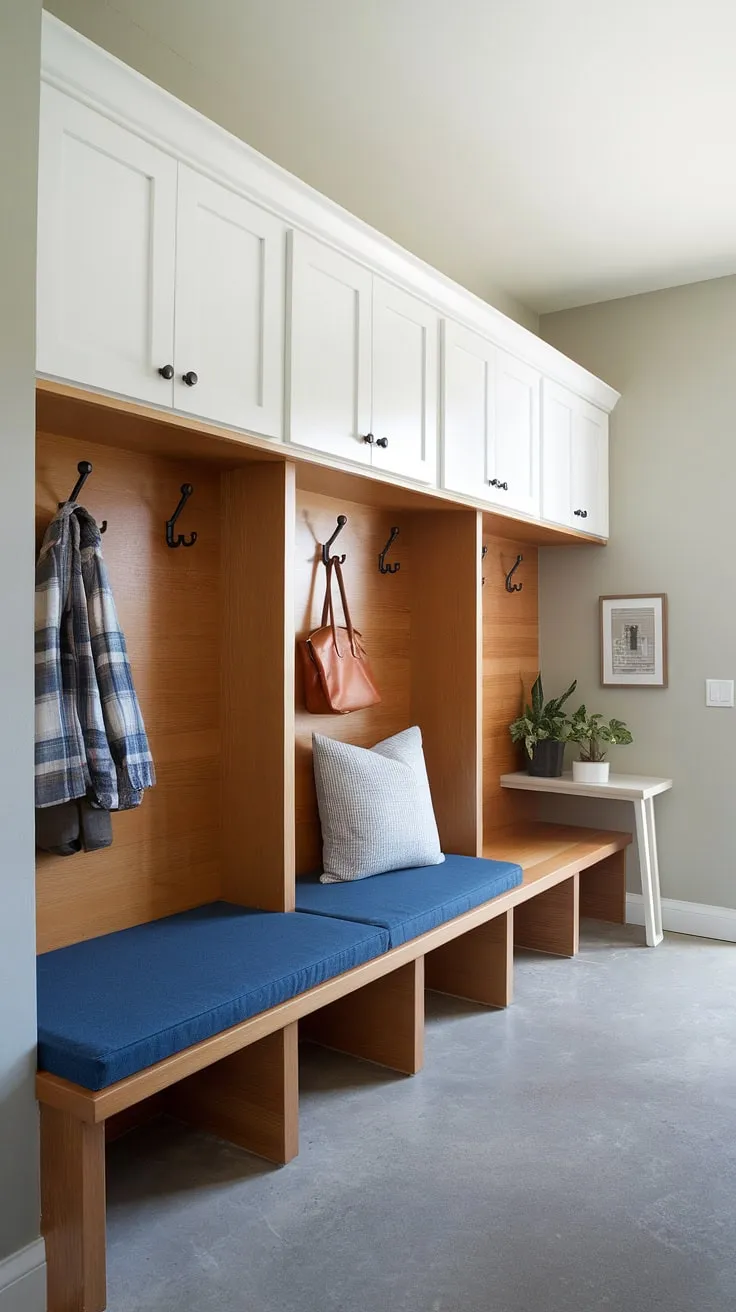 This thoughtfully designed mudroom is the epitome of efficient entryway organization. The combination of a sturdy wooden bench, stylish white cubbies, and practical coat hooks creates a welcoming and clutter-free space. The addition of a small table and greenery softens the look, proving that functionality and beauty can coexist beautifully.