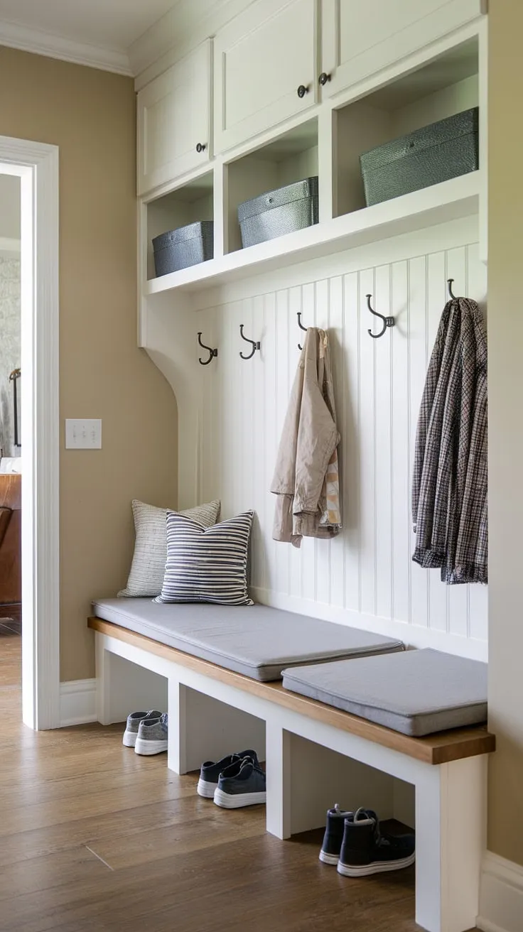 Step inside to organized bliss. This mudroom's built-in bench with storage, ample hooks, and convenient cubbies makes coming and going a breeze. A perfect blend of functionality and style for a welcoming entryway.