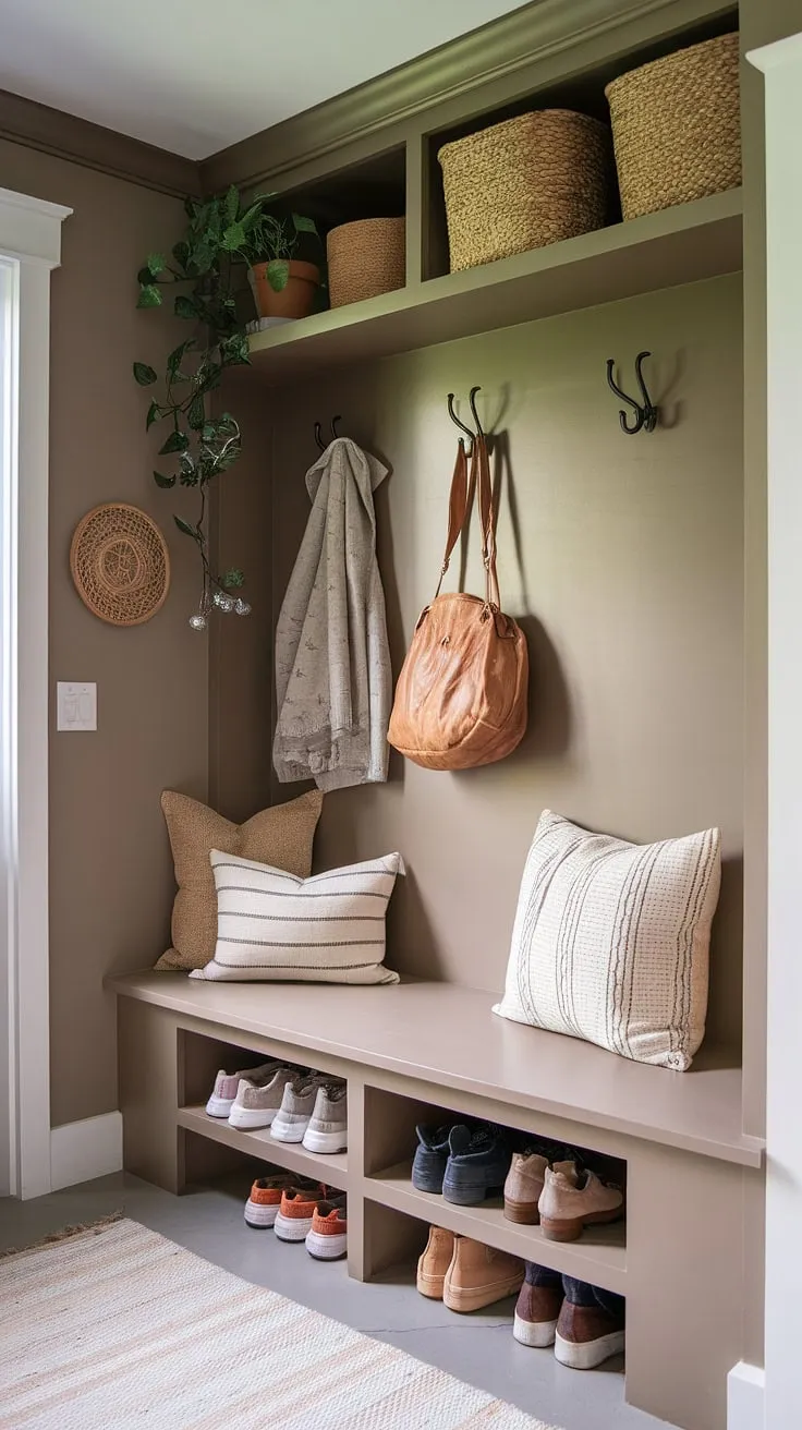 A perfectly organized and stylish entryway. This mudroom's thoughtful design, featuring a compact bench with storage, convenient hooks, and a dedicated shoe cubby, makes coming and going a breeze. A testament to the power of functional beauty.