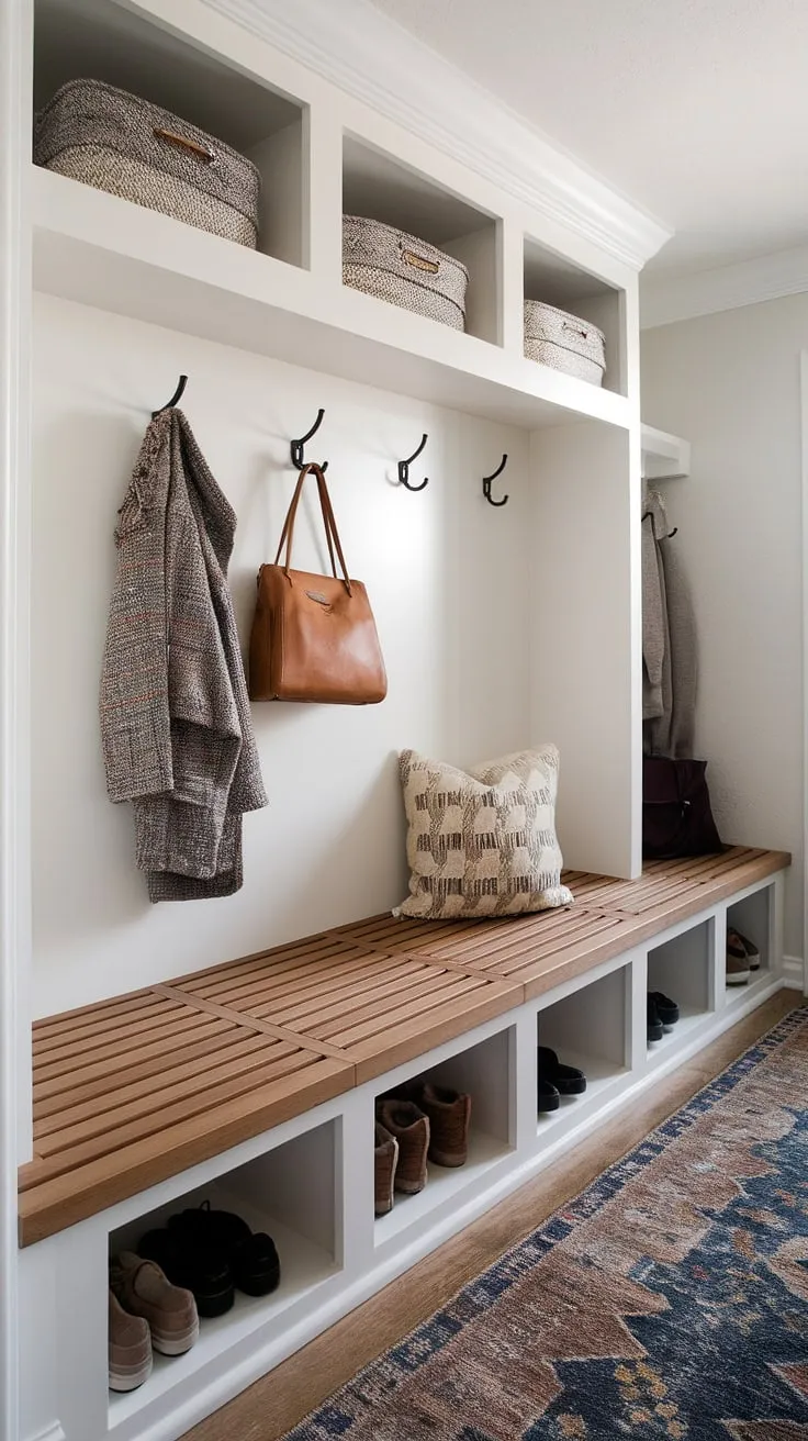 A thoughtfully designed mudroom is more than just a drop zone; it's a welcoming entryway. This space seamlessly combines practicality with a boho aesthetic, featuring a custom-built bench, stylish storage, and a cozy rug. A true testament to the power of functional design.