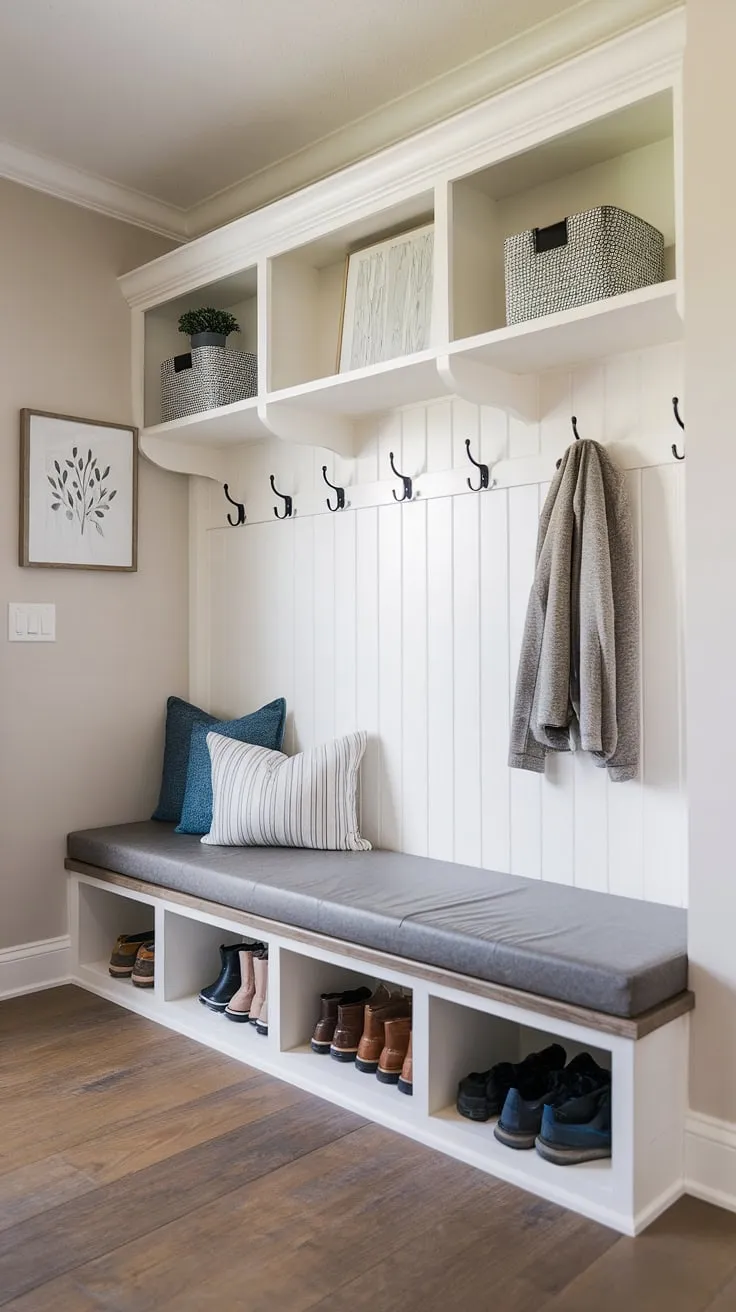 Step into effortless organization with this mudroom's built-in bench, offering ample storage and a comfy seat. The sleek design and thoughtful details, including cubbies for shoes and hooks for coats, create a welcoming and functional entryway. A perfect blend of style and practicality.