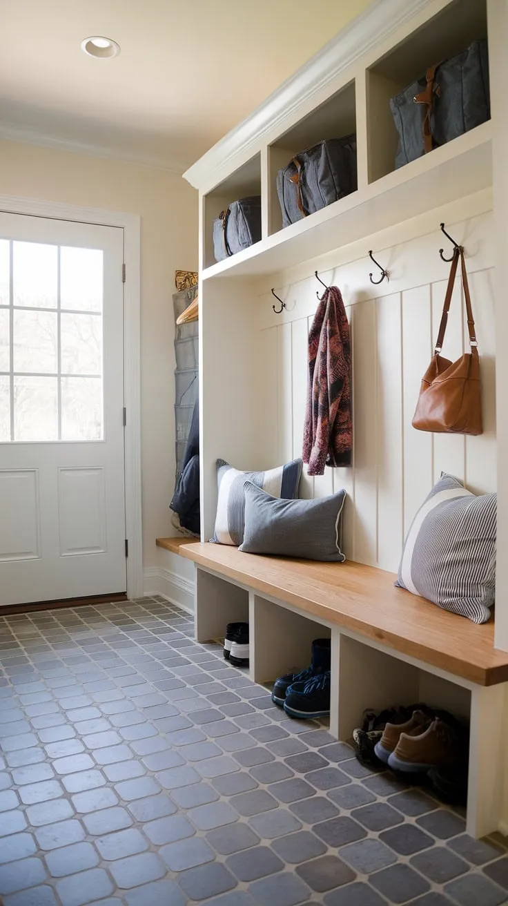 Step inside to a perfectly organized mudroom, where stylish storage meets practical design. The built-in bench, complete with comfy cushions, offers a welcoming spot to kick off shoes, while the overhead hooks and cubbies keep everything neatly in its place. A functional and aesthetically pleasing space, this mudroom effortlessly blends form and function.