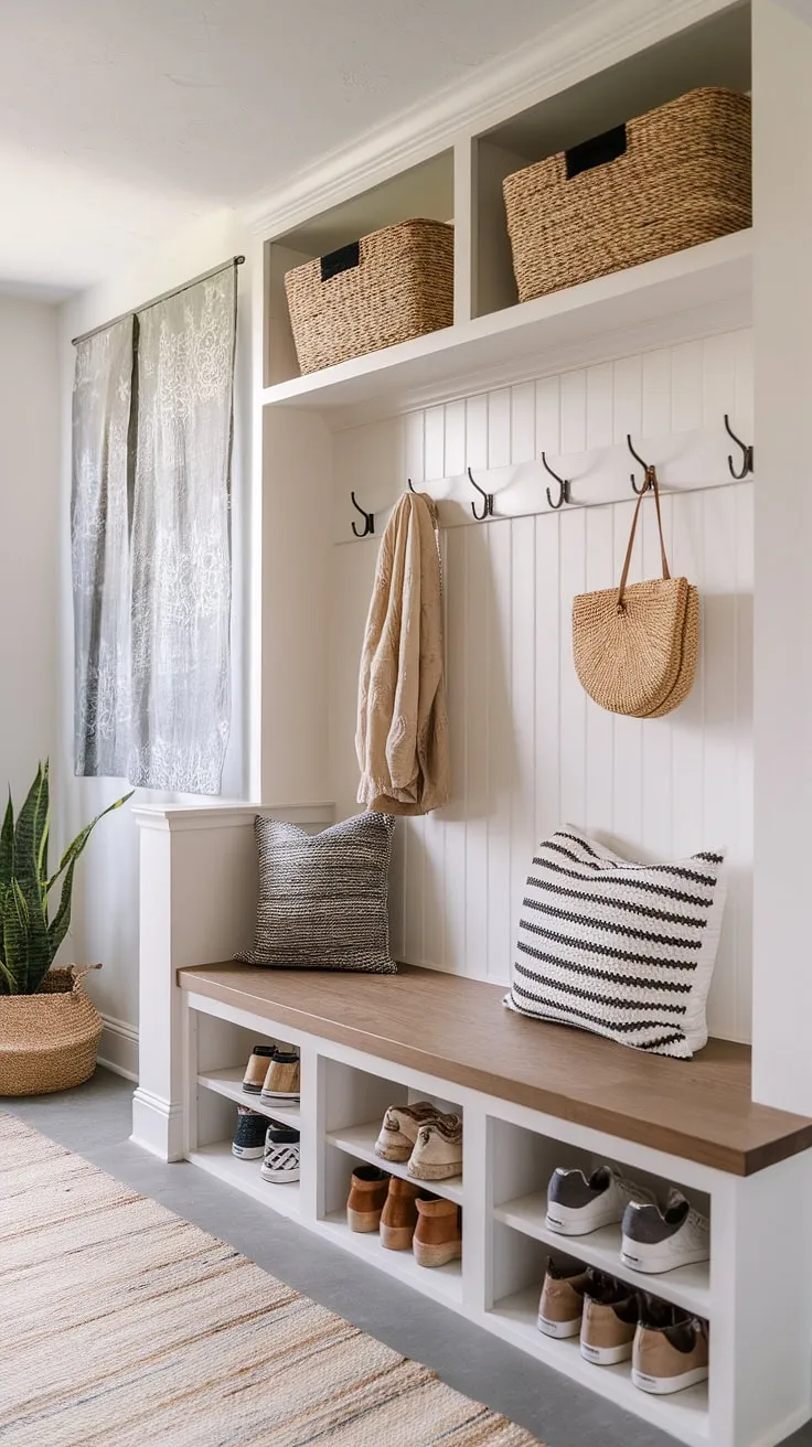 A perfectly curated space where function meets beauty. This mudroom's design seamlessly blends modern aesthetics with boho charm, offering a practical and inviting entryway with clever storage solutions, including a built-in bench and dedicated shoe storage. A dream come true for busy families.