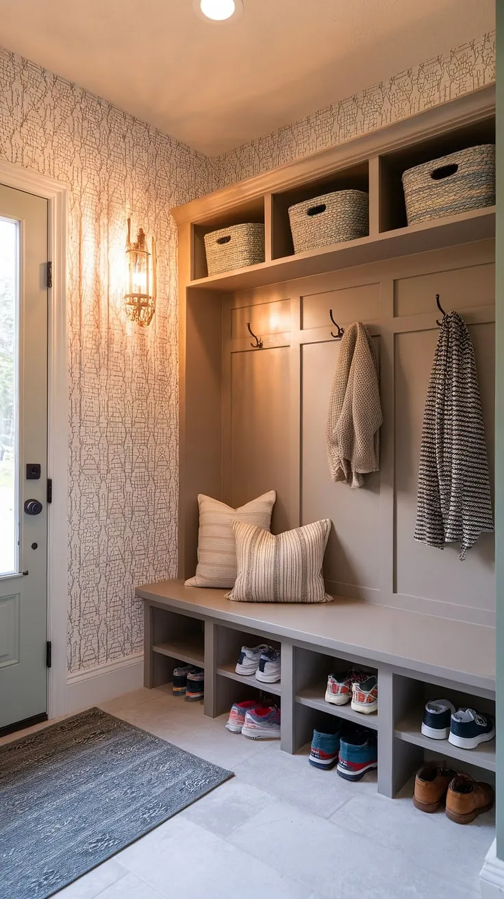 Step into serenity. This modern boho mudroom, complete with built-in bench, stylish hooks, and charming cubbies, welcomes you home with warmth and effortless organization. The patterned wallpaper and cozy rug add a touch of personality, creating a functional yet inviting entryway.