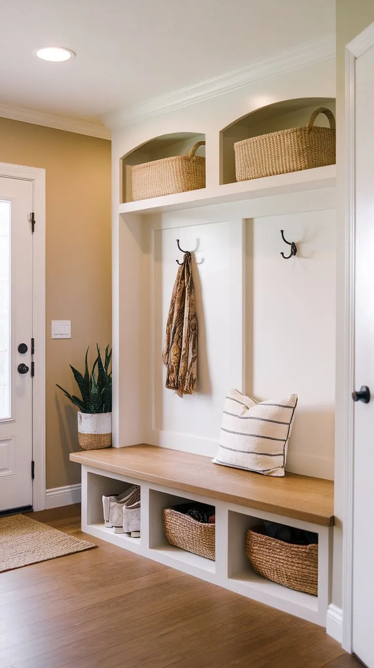A curated haven of calm awaits. This mudroom's design seamlessly integrates practicality and style, featuring a built-in bench with hidden storage, convenient wall hooks, and a charming plant-filled cubby. The warm hardwood floors and inviting atmosphere make it the perfect transition space between the outside world and your tranquil home.