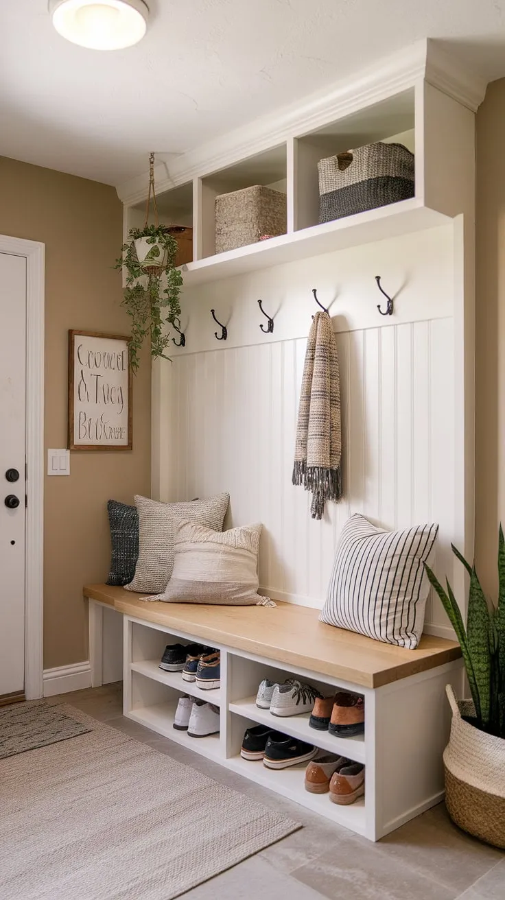 Step inside a haven of organized calm. This modern boho mudroom, complete with built-in bench seating, ample storage, and stylish accents, makes coming and going a breeze. A perfect blend of functionality and design.