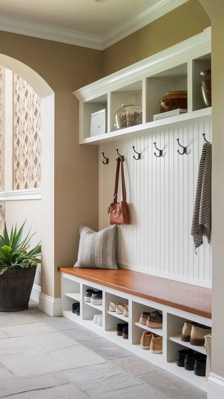 Step into effortless organization with this thoughtfully designed mudroom. The built-in bench offers ample storage, while the hooks and cubbies keep everything in its place, creating a welcoming and functional entryway. A touch of greenery adds a refreshing element to this perfectly planned space.
