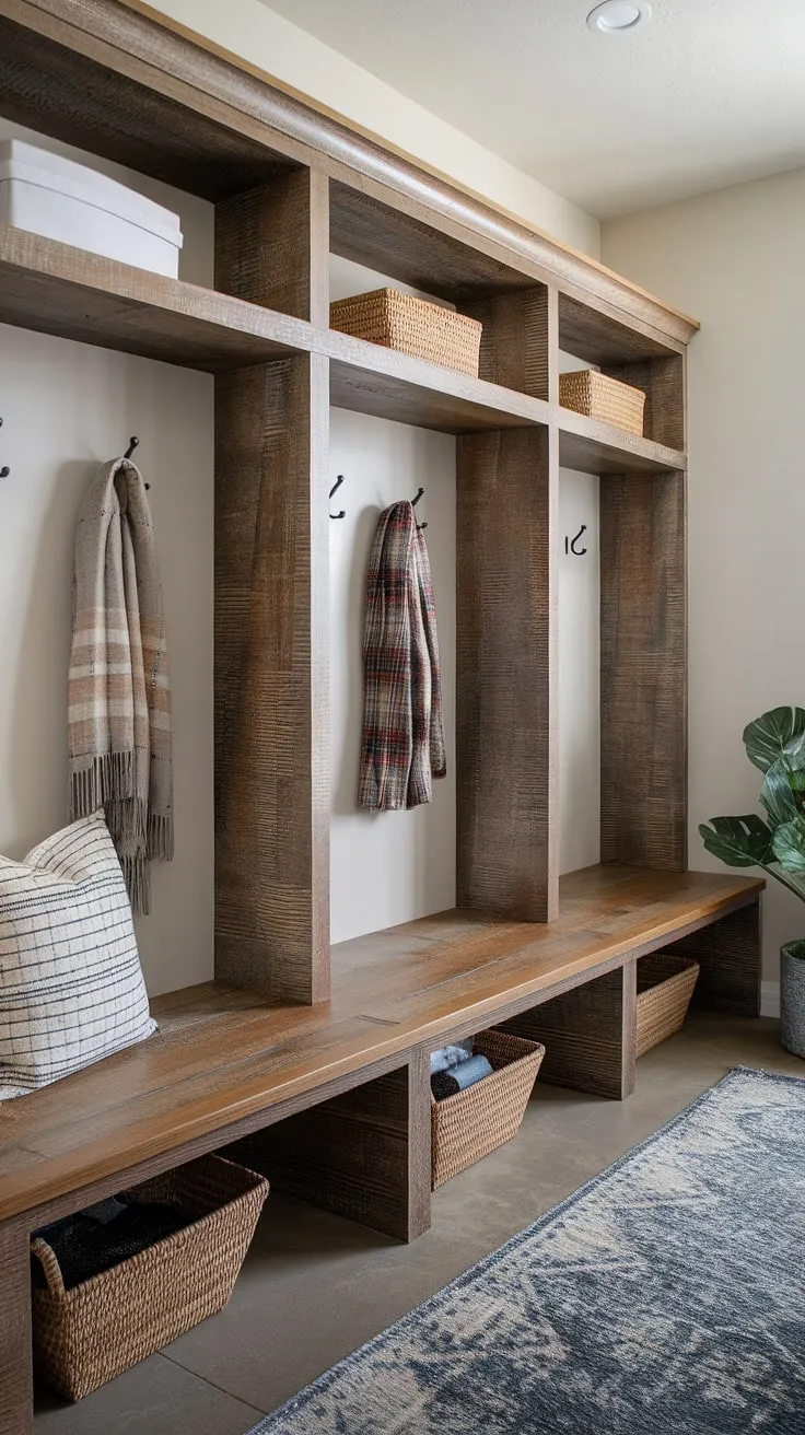 Step into effortless organization and style with this modern mudroom. The built-in bench with storage, rustic cubbies, and convenient coat hooks create a functional and aesthetically pleasing entryway, perfectly blending modern and boho design elements. A touch of greenery adds a welcoming ambiance.