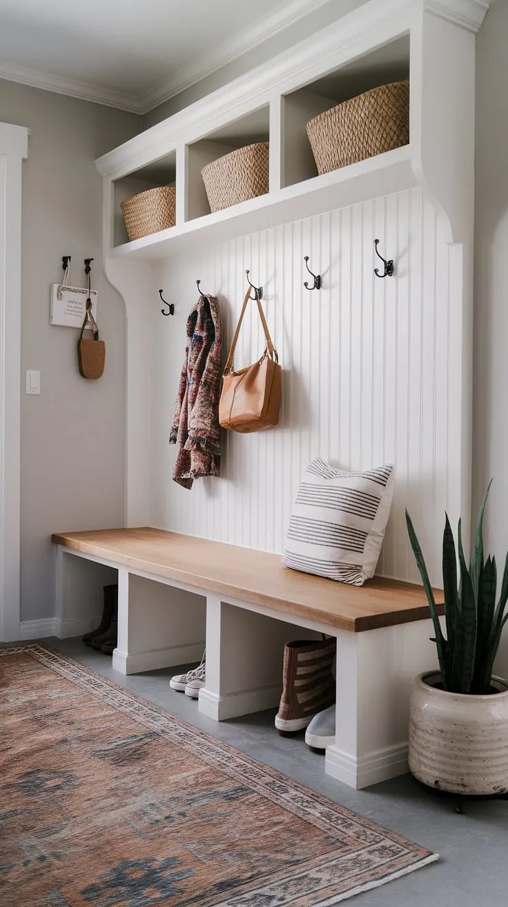 This modern boho mudroom is the perfect blend of form and function. A custom-built bench with hidden storage provides a practical seating area, complemented by wall-mounted hooks for easy coat and bag access. The addition of a potted plant brings a touch of nature indoors, enhancing the overall calming atmosphere. The patterned rug adds a layer of texture and visual interest, creating a truly inviting entryway.
