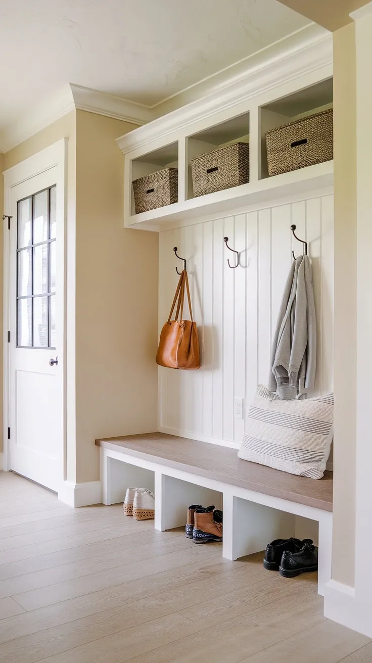 A thoughtfully designed mudroom that's as stylish as it is practical. The built-in bench, cubbies, and hooks provide A-plus storage solutions, while the warm wood floors and soft beige walls create a welcoming atmosphere. A true mudroom nook that elevates your entryway.