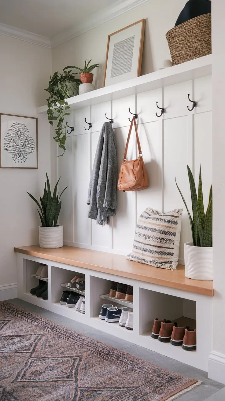 A perfectly planned mudroom: A haven of calm amidst the daily chaos. This design seamlessly blends functionality with style, featuring a custom bench with hidden storage, convenient coat hooks, and charming cubbies for shoes and boots. The result? A beautifully organized entryway that's both practical and aesthetically pleasing.