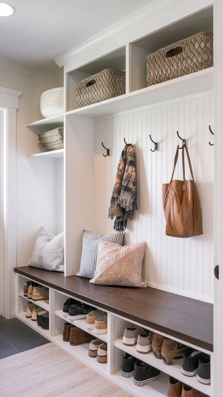 A stylish and practical mudroom designed for effortless organization. The built-in bench with storage, combined with the convenient entryway hooks and shoe storage, creates a welcoming and clutter-free space. A perfect blend of modern and boho aesthetics.