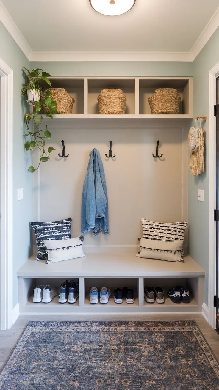 This light and airy mudroom effortlessly combines practicality and bohemian charm. The custom built-in bench and hooks offer convenient storage, while the soft blue walls and lush greenery add a touch of tranquility. A stylish and functional entryway that's a dream come true.