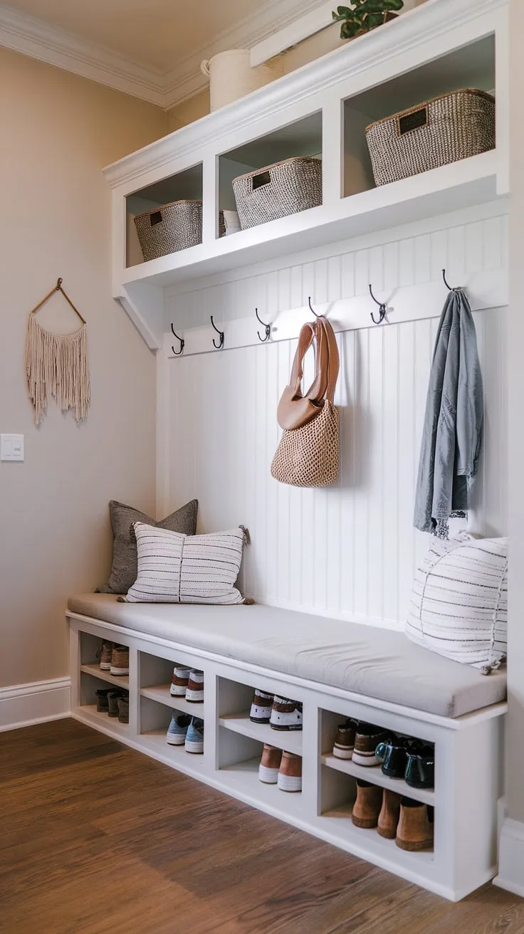 This cozy and functional mudroom seamlessly blends modern and boho aesthetics. The white bench with its plush cushion provides a welcoming touch, complemented by the practical storage solutions-perfect for keeping entryway clutter at bay. A stylish and efficient space for the whole family.