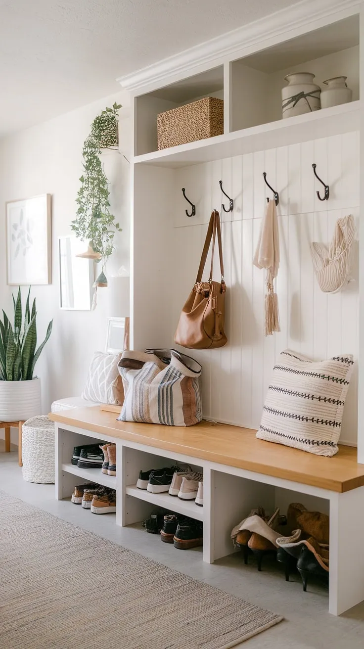 Step into effortless style and organization with this modern boho mudroom. The built-in bench and ample storage, including a convenient cubby and overhead hooks, make managing everyday essentials a breeze. A perfect blend of function and beauty.