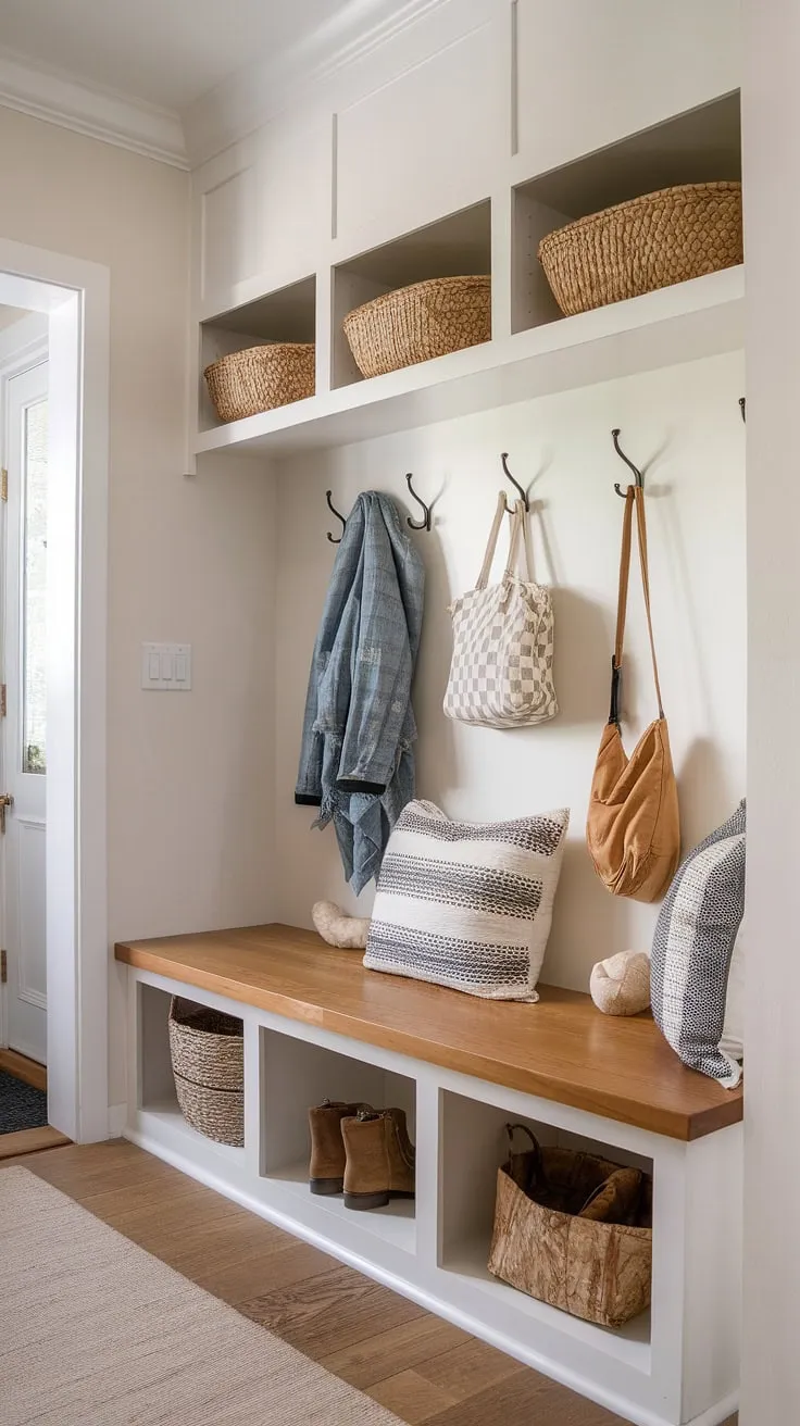 A stylish and practical solution for a small space, this mudroom boasts a built-in bench for seating and storage, plus ample hooks for coats and bags. The warm wood floors and boho-chic aesthetic create a welcoming entryway that's both beautiful and functional. A must-have for any home.