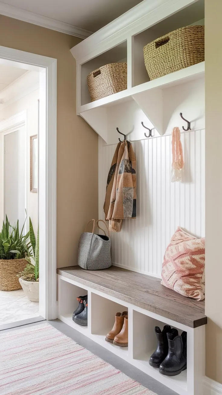 Step inside to organized bliss. This modern boho mudroom boasts ample storage with built-in cubbies, a rustic bench with hidden storage, and stylish hooks-keeping entryway clutter at bay and welcoming you home with effortless style. A perfect blend of function and beauty.