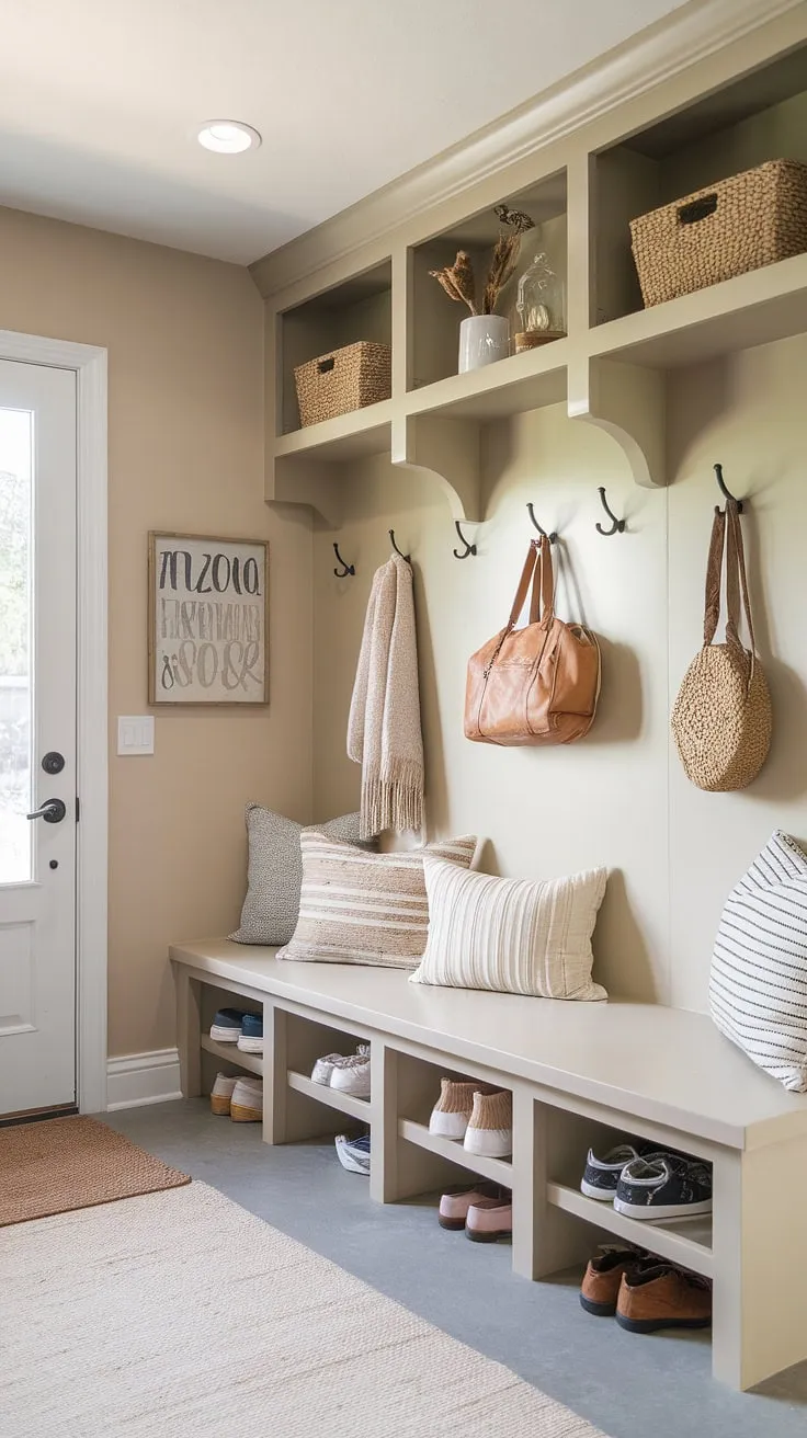 This modern boho mudroom is the epitome of functional beauty. Neutral tones and thoughtful design elements, including a cozy bench, ample storage, and stylish hooks, transform this often-overlooked space into a welcoming and organized entryway. A true sanctuary for shoes, coats, and bags.