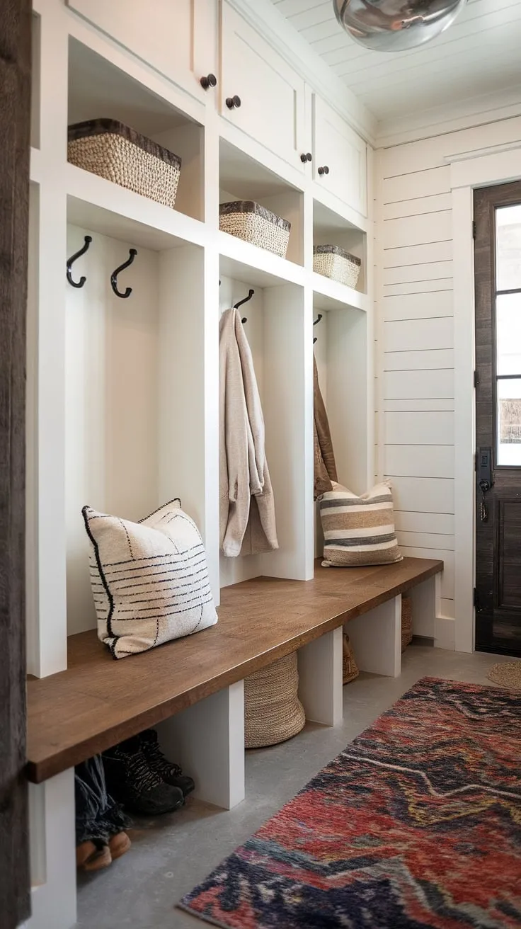 A perfectly planned mudroom: The blend of rustic wood, industrial metal accents, and ample storage-from the built-in bench to the ceiling hooks and cubbies-makes this entryway a dream. A space where functionality meets style, creating a welcoming and organized atmosphere.