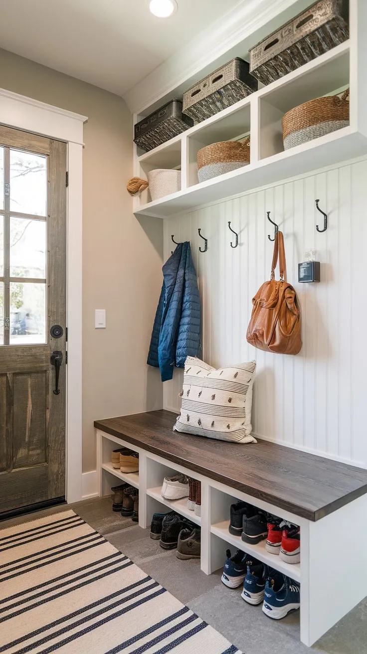 Step into effortless organization and style with this modern boho mudroom. The built-in bench with storage, entryway hooks, and cubbies create a functional and aesthetically pleasing space, perfectly blending rustic charm with contemporary design. A haven for coats, shoes, and all the essentials, this small space maximizes storage and minimizes clutter.