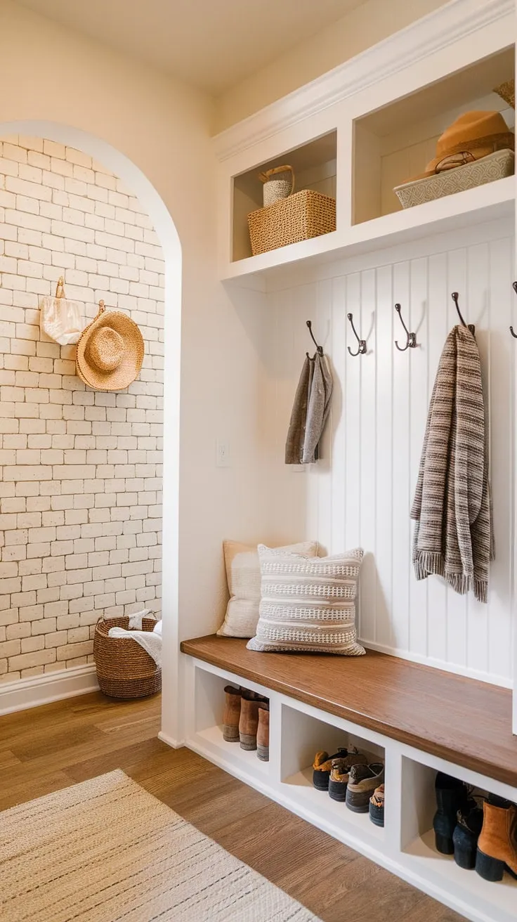 Step into organized bliss. This modern boho mudroom, with its built-in bench, ample storage, and stylish hooks, makes coming home a joy. A perfectly curated space for coats, shoes, and all the everyday essentials. A haven of calm amidst the chaos.