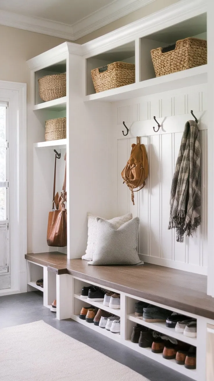 This stylish mudroom fuses modern aesthetics with boho flair, featuring smart storage solutions for a tidy and inviting entryway.